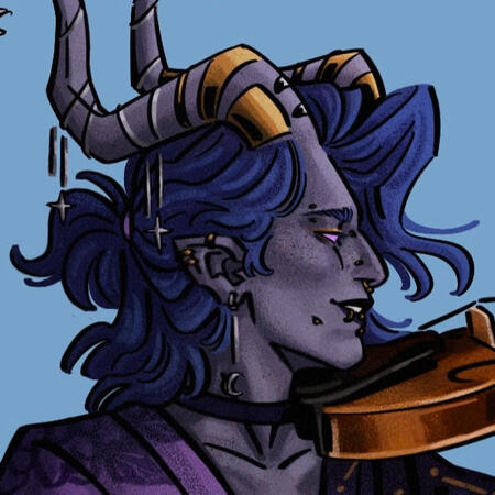 The profile picture for artfromhelliott. Features their tiefling OC Sundance.