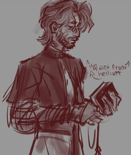 Example of a sketch commission. A rough sketch of a sad looking priest holding a bible and a rosary.