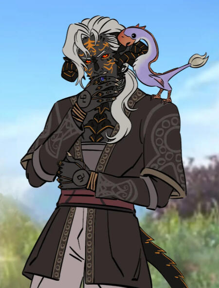 Example of a flat color commission. A final fantasy OC is posing with a small, bird-like familiar. He looks intimidating.