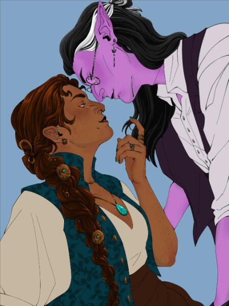 Example of a flat color commission. A woman is pulling in a man by the ring on a chain worn around his neck. She looks sultry and he looks besotted.