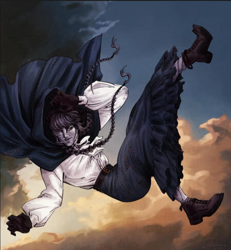 Example of a fully rendered commission. A panicked looking woman is falling through the sky.