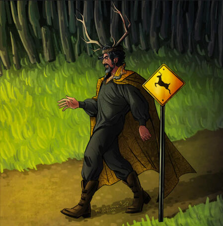 Example of a fully rendered commission. Fanart of Lyonel Baratheon from A Knight of the Seven Kingdoms walking down a woodland path past a deer crossing sign.